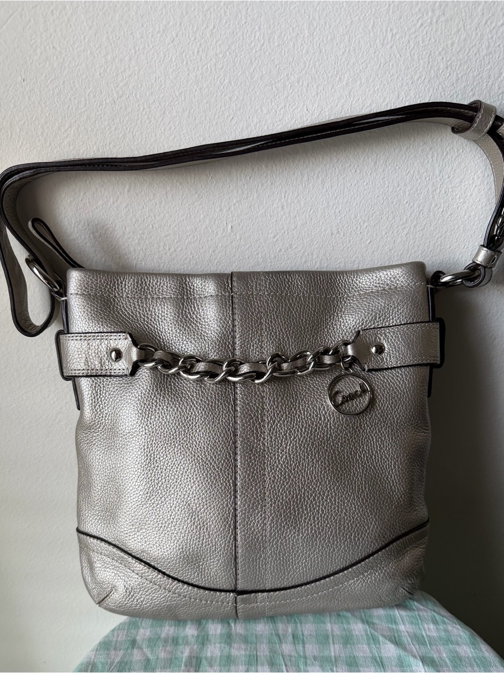Coach Silver Metallic Leather Chain Duffle Crossbody Bag